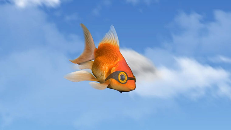 Goldie the goldfish flying through the sky wearing goggles